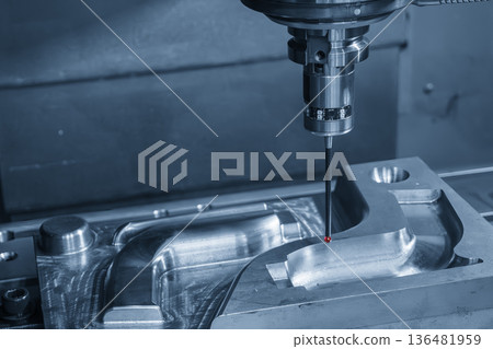 CNC Milling Machine Dimension Inspection with Touch Probe in Light Blue Industrial Scene 136481959