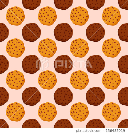 Orange and brown cookies arranged in a seamless pattern on a light pink background. Sweet bakery dessert concept for textile print or confectionery design. Orange and brown cookies arranged in a seamless pattern on a light pink background. Sweet bakery dessert concept for textile print or confectionery design. 136482019