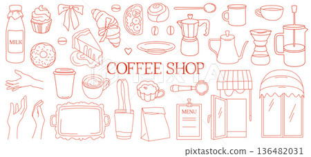 Coffee shop business branding kit icons for packaging, menu and merchandise, cafe equipment, desserts, takeaway coffee, cups Coffee shop business branding kit icons for packaging, menu and merchandise, cafe equipment, desserts, takeaway coffee, cups 136482031