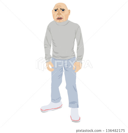 精神分裂症的症狀：醫學插圖顯示一位老年男性因幻覺而出現焦慮的面部表情、警覺的目光和注意力分散。 136482175