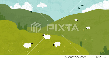 Green grass hills, spring meadow, blue sky, clouds 136482182