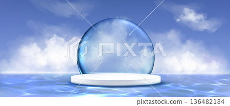 Blue water podium with glass platform on sky bg Blue water podium with glass platform on sky bg 136482184