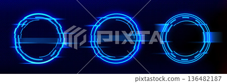 Glitch effect circle frame, neon digital pixels 136482187