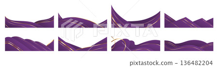 Elegant purple waves, golden ribbons frame vector 136482204