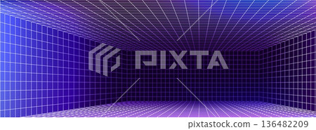 3D wireframe grid room with perspective lines 136482209