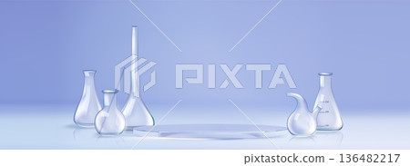 Laboratory glassware set and round podium realisti Laboratory glassware set and round podium realisti 136482217
