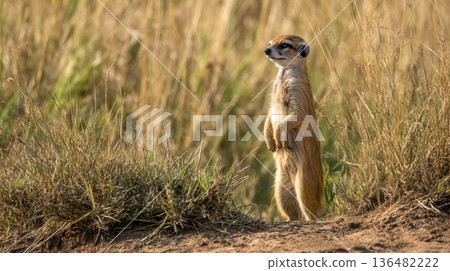 A wary meerkat stands tall on a sunlit savannah, a wild animal behavior 136482222