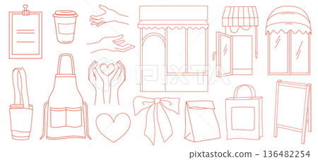 Cafe or coffee shop branding elements line art icons for packaging or business identity, storefront, menu, apron, signage, hands Cafe or coffee shop branding elements line art icons for packaging or business identity, storefront, menu, apron, signage, hands 136482254