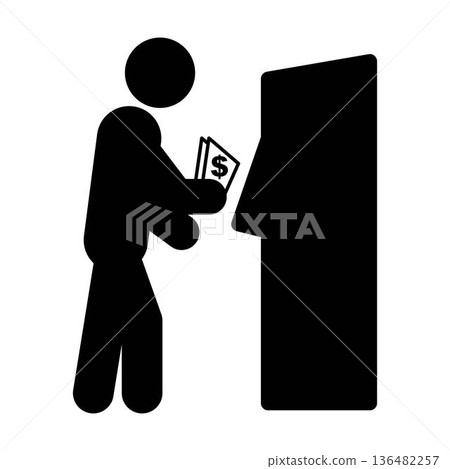 Insert Card ATM Icon Banking Transaction Pictogram Symbol Human pictogram inserting debit or credit card into ATM machine 136482257