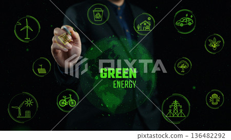 Green Energy Concept with Icons Representing Sustainability, Renewable Resources, and Environmental Solutions in a Modern Digital Illustration Cipher 136482292
