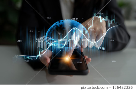 Businessperson Analyzing Financial Data on Smartphone with Global Graphs and Charts Illustrating Economic Trends and Market Insights Scalp Businessperson Analyzing Financial Data on Smartphone with Global Graphs and Charts Illustrating Economic Trends and Market Insights Scalp 136482326