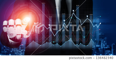 Businessman in Suit Using Digital Touchscreen to Analyze Financial Data with Graphs and Projections in Modern Office Environment Scalp 136482340