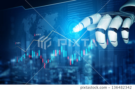 Futuristic Robot Hand Interacting with Digital Financial Graphs and Data on a High-Tech Background in a Stock Market Environment Scalp Futuristic Robot Hand Interacting with Digital Financial Graphs and Data on a High-Tech Background in a Stock Market Environment Scalp 136482342