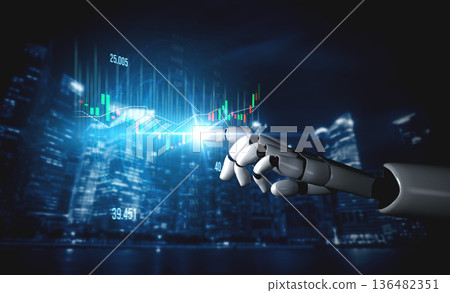 Futuristic robotic hand reaching out to touch digital stock market data visualizations with glowing graphs and charts in a modern cityscape background Scalp 136482351