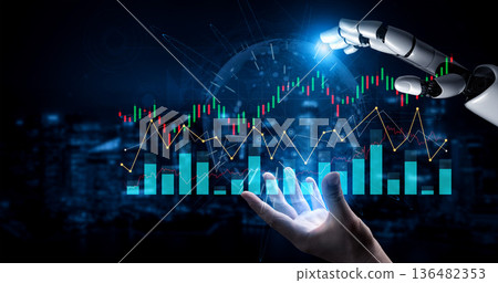 Futuristic Robot Hand Analyzing Financial Data and Stock Market Trends with Digital Graphs and Charts in a High-Tech Environment Scalp 136482353
