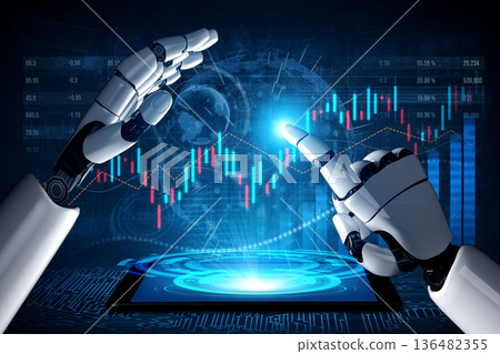 Futuristic Concept of Artificial Intelligence and Robotic Hands Interacting with Stock Market Data and Digital Screen on Background Scalp 136482355