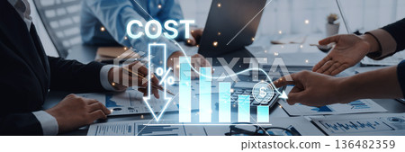 Business professionals analyzing cost reduction strategies with financial data charts, graphs, and statistics during a collaborative meeting in a modern office Trope Business professionals analyzing cost reduction strategies with financial data charts, graphs, and statistics during a collaborative meeting in a modern office Trope 136482359