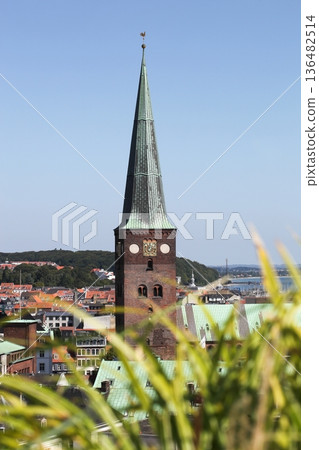 View of the cathedral of Aarhus in Denmark from a rooftop 136482514