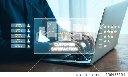 Modern Workplace with Digital Interface Showing Customer Satisfaction Metrics and Feedback on Laptop in Professional Environment. Qubit Modern Workplace with Digital Interface Showing Customer Satisfaction Metrics and Feedback on Laptop in Professional Environment. Qubit 136482564