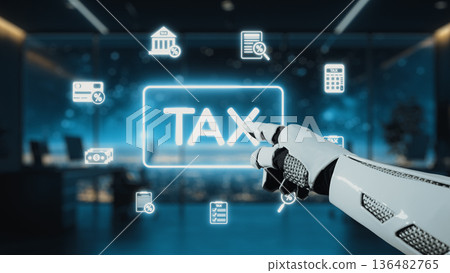 Futuristic Robotic Hand Pointing at Tax Icons in Modern Office Environment with Digital Display and Financial Data Visualization. Auvana 136482765