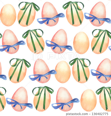 These watercolor-painted Easter eggs, decorated with a green ribbon and a blue bow, symbolize the spring holiday of Easter. They are all hand-painted in watercolor on a white background. These watercolor-painted Easter eggs, decorated with a green ribbon and a blue bow, symbolize the spring holiday of Easter. They are all hand-painted in watercolor on a white background. 136482775