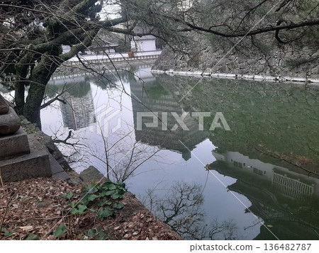 The shadows of the castle and buildings reflected on the water The shadows of the castle and buildings reflected on the water 136482787