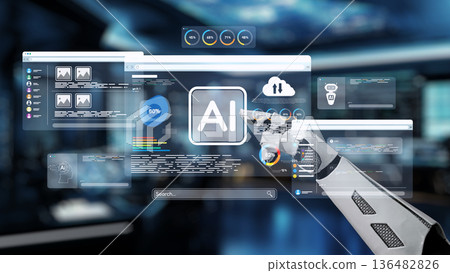 Futuristic Robot Hand Interacting with Advanced User Interface Displaying AI Technology and Data Visualization in a Modern Digital Environment. Auvana Futuristic Robot Hand Interacting with Advanced User Interface Displaying AI Technology and Data Visualization in a Modern Digital Environment. Auvana 136482826