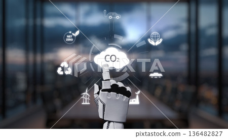 Futuristic Robot Hand Indicating CO2 Emission Reduction with Innovative Technology Concepts in Modern Office Environment. Auvana Futuristic Robot Hand Indicating CO2 Emission Reduction with Innovative Technology Concepts in Modern Office Environment. Auvana 136482827