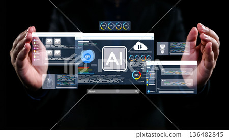 Futuristic User Interface with AI Concept and Data Visualization Displayed in Hands Against Dark Background. Qubit Futuristic User Interface with AI Concept and Data Visualization Displayed in Hands Against Dark Background. Qubit 136482845