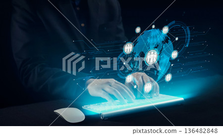 Digital Interaction Concept with Keyboard and Global Network Graphics Depicting Connectivity and Communication in a Modern Business Environment. Qubit Digital Interaction Concept with Keyboard and Global Network Graphics Depicting Connectivity and Communication in a Modern Business Environment. Qubit 136482848