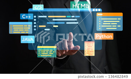 Software developer work with coding overlays of programming languages EIDE Software developer work with coding overlays of programming languages EIDE 136482849