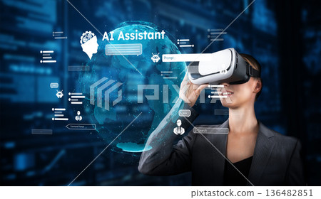 Woman Using VR Headset with AI Assistant Interface in Digital Environment Representing Future of Technology and Artificial Intelligence Interaction XDMCP 136482851