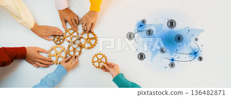 Collaborative Teamwork with Gears Representing Global Connectivity and Digital Currency Exchange on Light Background Trope 136482871
