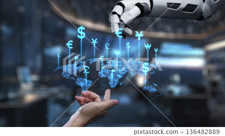 Robotic hand interacting with floating currency symbols over a world map, representing digital finance, technology, innovation, and global economy concepts. Auvana Robotic hand interacting with floating currency symbols over a world map, representing digital finance, technology, innovation, and global economy concepts. Auvana 136482889