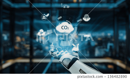Futuristic Hand Displaying Carbon Dioxide Emissions with Eco Icons Representing Technology and Sustainability in Urban Environment. Auvana Futuristic Hand Displaying Carbon Dioxide Emissions with Eco Icons Representing Technology and Sustainability in Urban Environment. Auvana 136482890