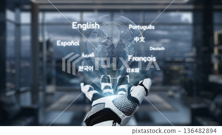 Futuristic Robot Hand Displaying Various Language Names with a World Map in a Modern Office Setting. Auvana 136482894