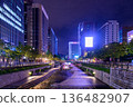 A beautiful urban night view of Cheonggyecheon Stream flowing through the center of Seoul, South Korea 136482907