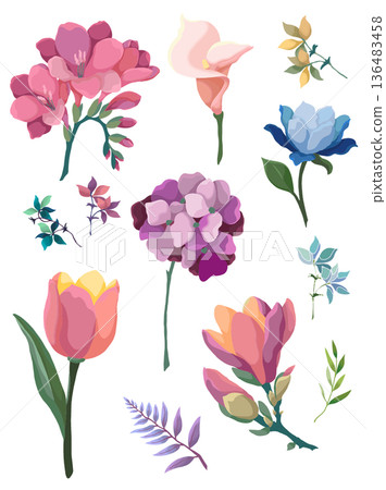 set of flowers and leaves 136483458