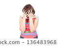 Woman in despair and grief holding head in hands on white background 136483968