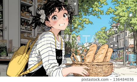 一位年輕女子在當地一家麵包店購買新鮮出爐的麵包 136484036