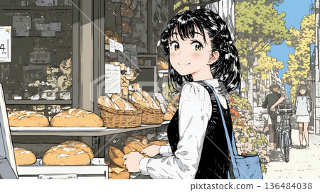 A young woman buying freshly baked bread at a local bakery 136484038