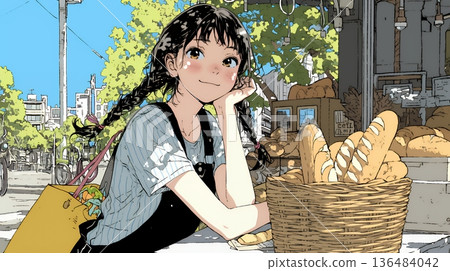 一位年輕女子在當地一家麵包店購買新鮮出爐的麵包 136484042