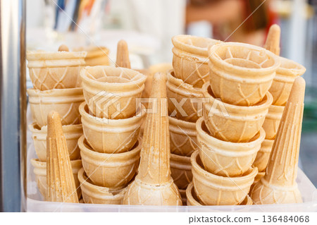 Empty ice cream waffle cones Empty ice cream waffle cones 136484068