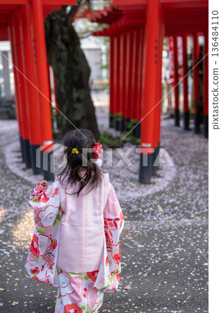 一位身穿和服的女孩參拜七五三神社的豎版照片 136484110