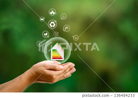 composite image of hand holding a green tree 136484233