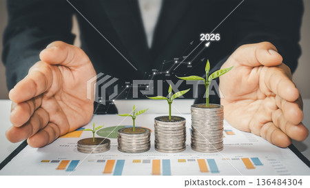 business man and woman hand working with income growth business man and woman hand working with income growth 136484304