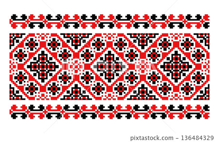 Red Black Ukrainian Geometric Embroidery Pattern 136484329