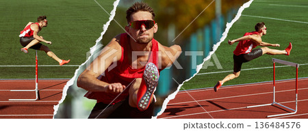 Track athlete jumping hurdles in torn paper composition. Banner Track athlete jumping hurdles in torn paper composition. Banner 136484576