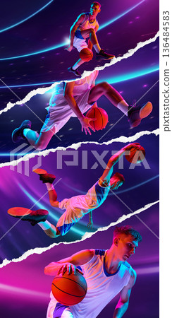 Basketball player jumping with ball in neon arena torn paper collage. 136484583