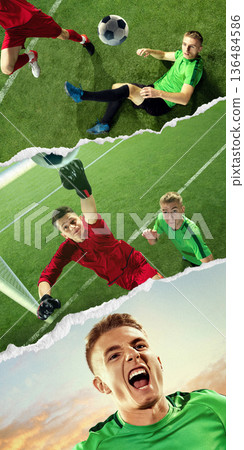 Soccer composition with torn paper effect showing goal attempt, goalkeeper save and celebration. 136484586